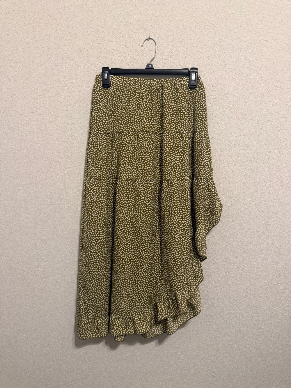 BTFBM Olive Green Printed Tiered Maxi Skirt -Size Small -Ruffle Hem